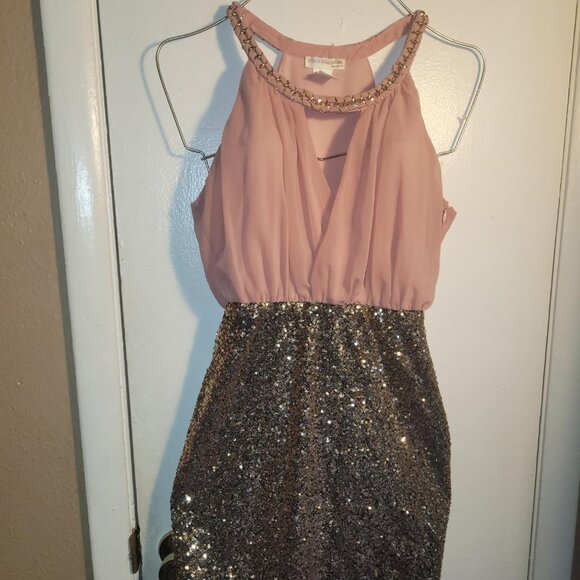 Rose Gold/Gold Sequin Mini Dress A'gaci Medium - Picture 1 of 5